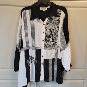 Vintage Brylane Woman Black White Floral Patchwork Button-Up Shirt Blouse